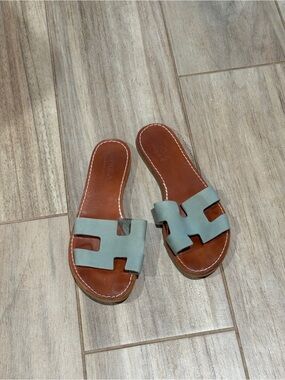 Handmade Greek Leather Slide Sandals in Sage Green